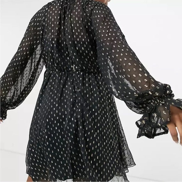ASOS Maternity High Neck Long Sleeve Black/Gold Metallic Chiffon Mini Dress NWOT - Picture 2 of 15